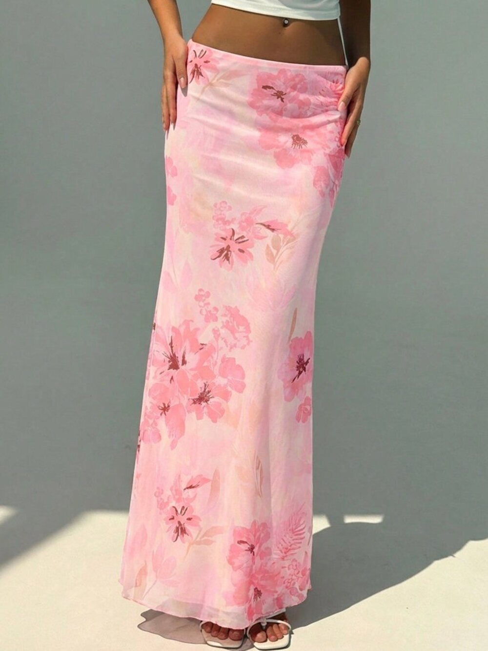 Baby Pink Boho Women's Floral Print Low Waist Fishtail Hem Skirt